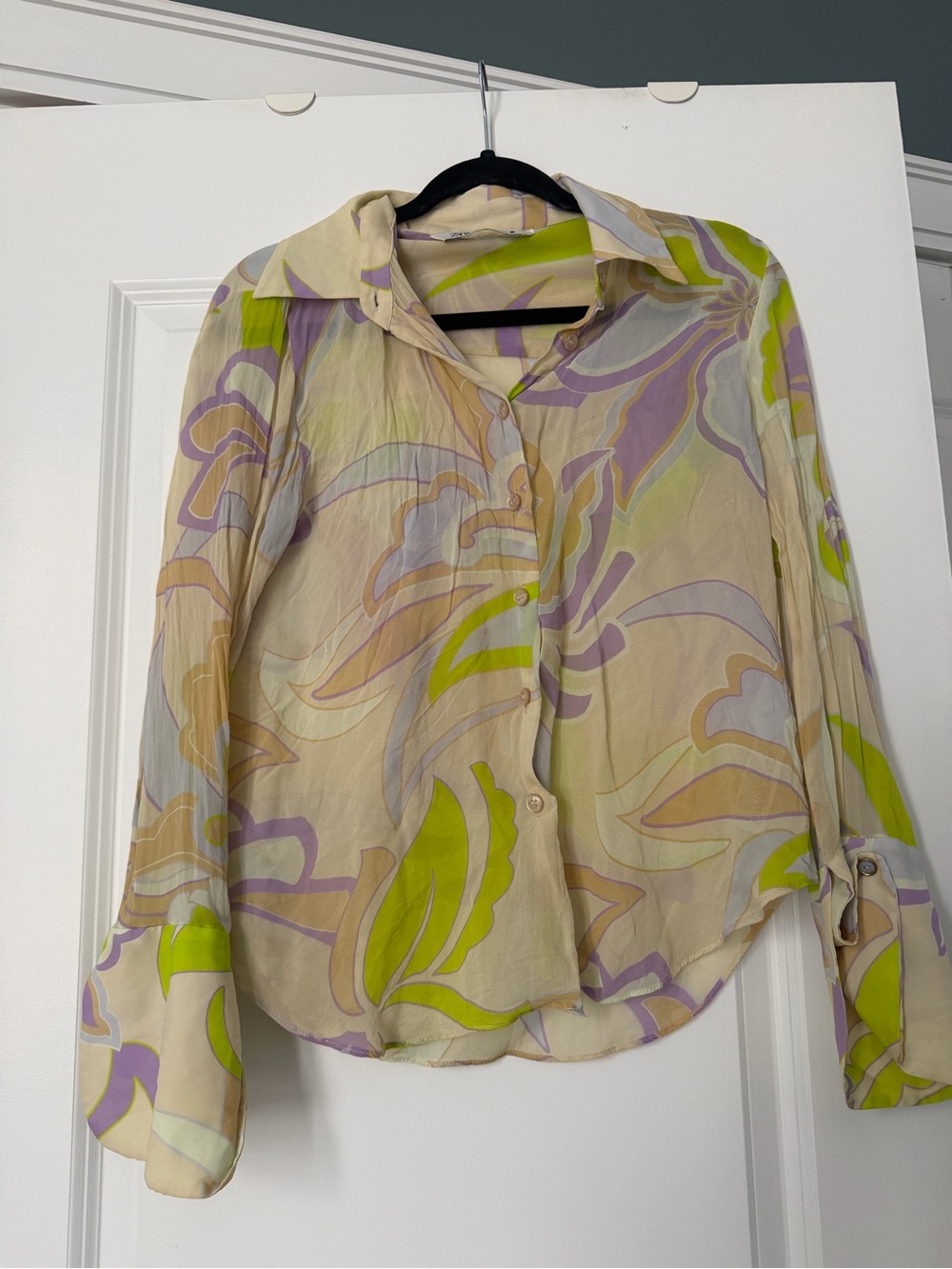 Zara Sheer Floral-Print Button Down Blouse - Lime & Lavender